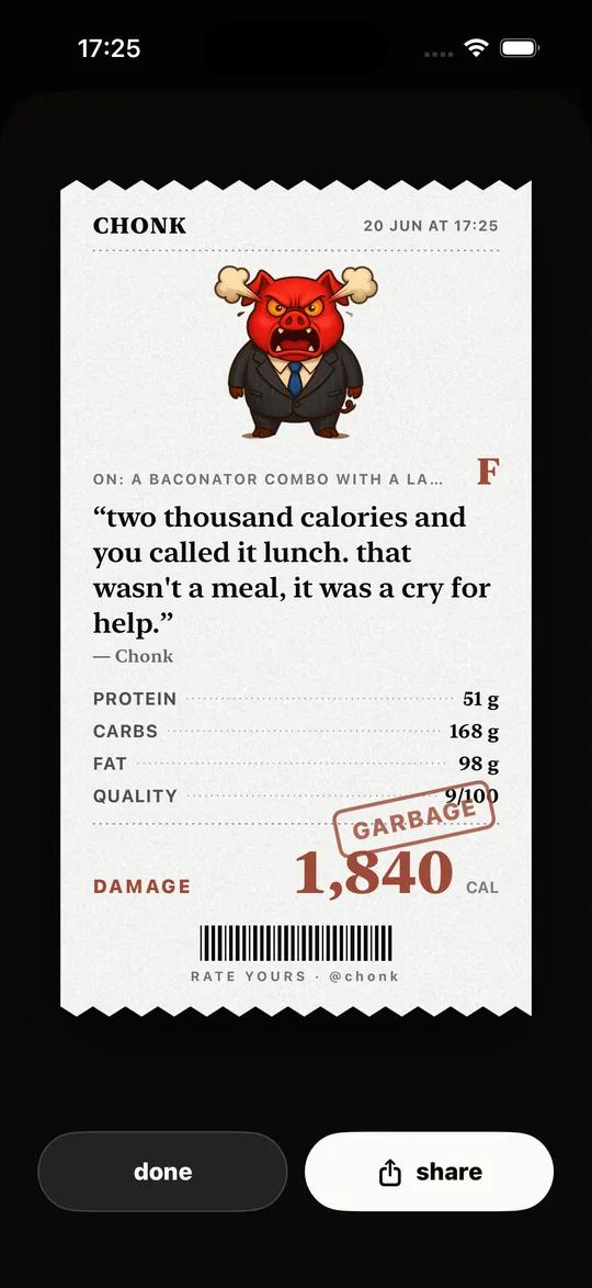 A real Chonk receipt - the roast, the grade, the damage